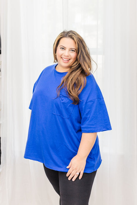 Lila Cotton Oversized Raw Edge Boyfriend Tee in Bright Blue