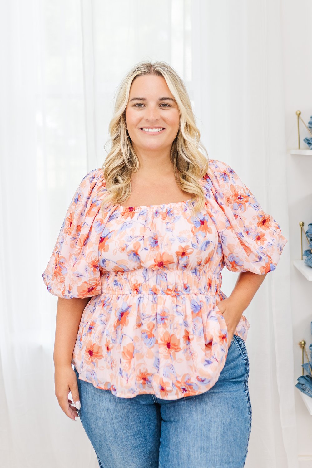 Bree Square Neck Floral Top in Peach