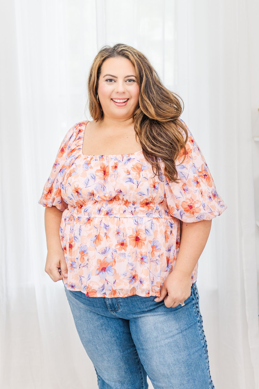 Bree Square Neck Floral Top in Peach