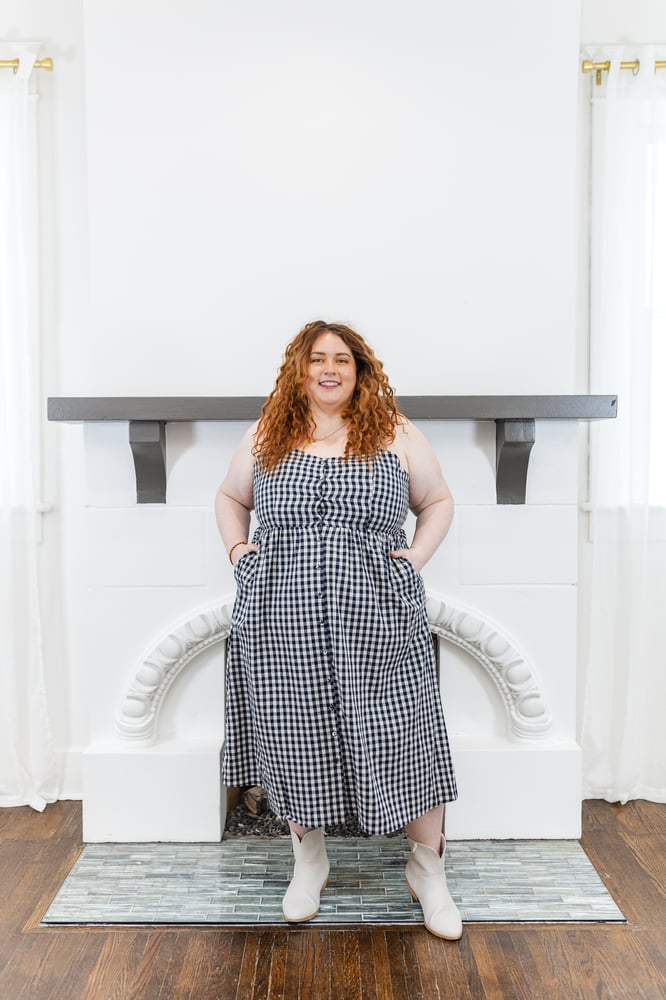 Madison Gingham Midi Dress in Navy Blue