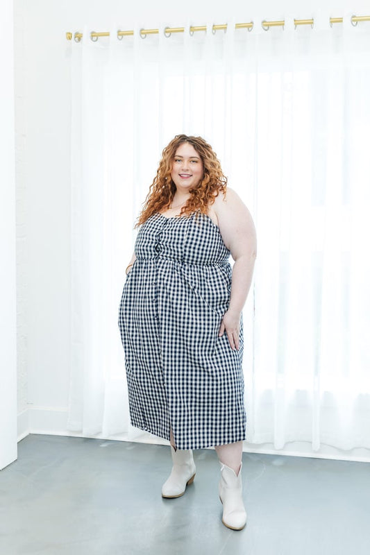 Madison Gingham Midi Dress in Navy Blue