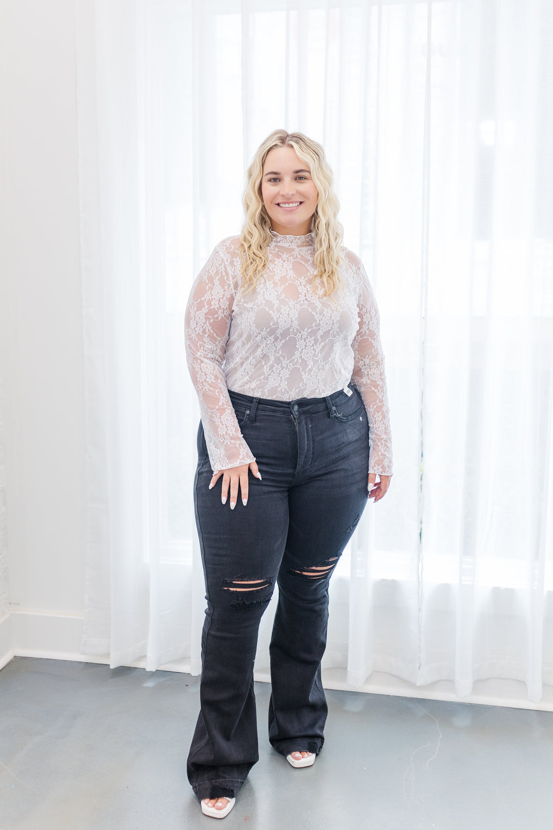 Emily Long Sleeve Lace Layering Top in White