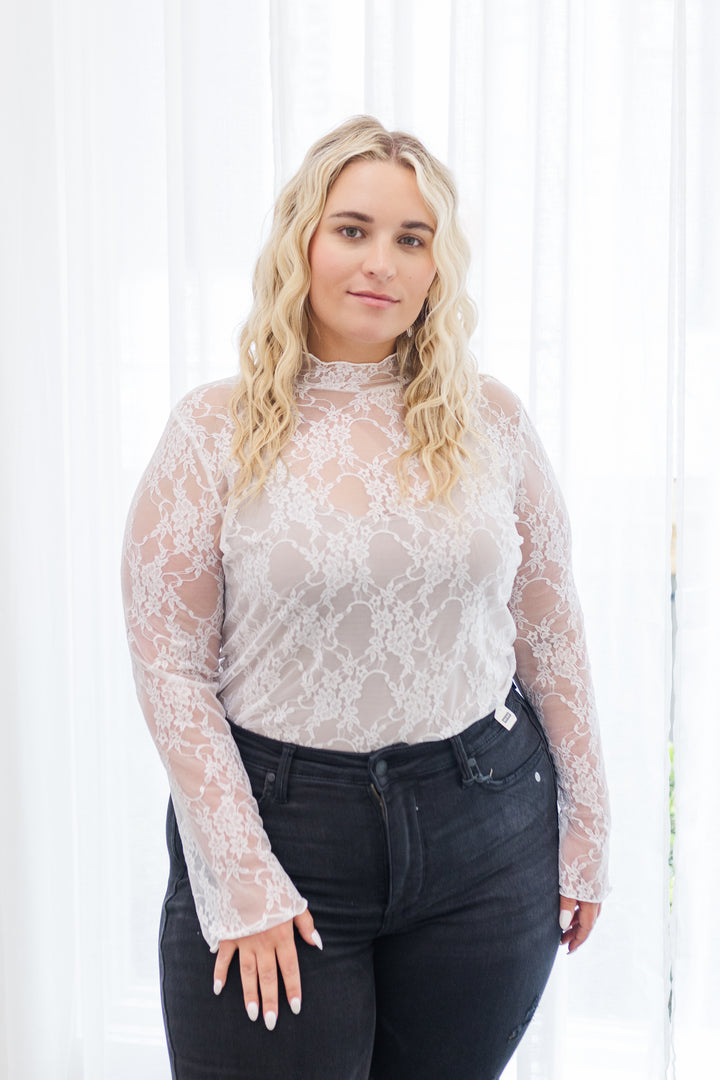 Emily Long Sleeve Lace Layering Top in White