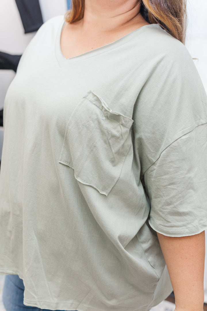 Lila Oversized Front Pocket Raw Edge Boyfriend Tee in Light Sage