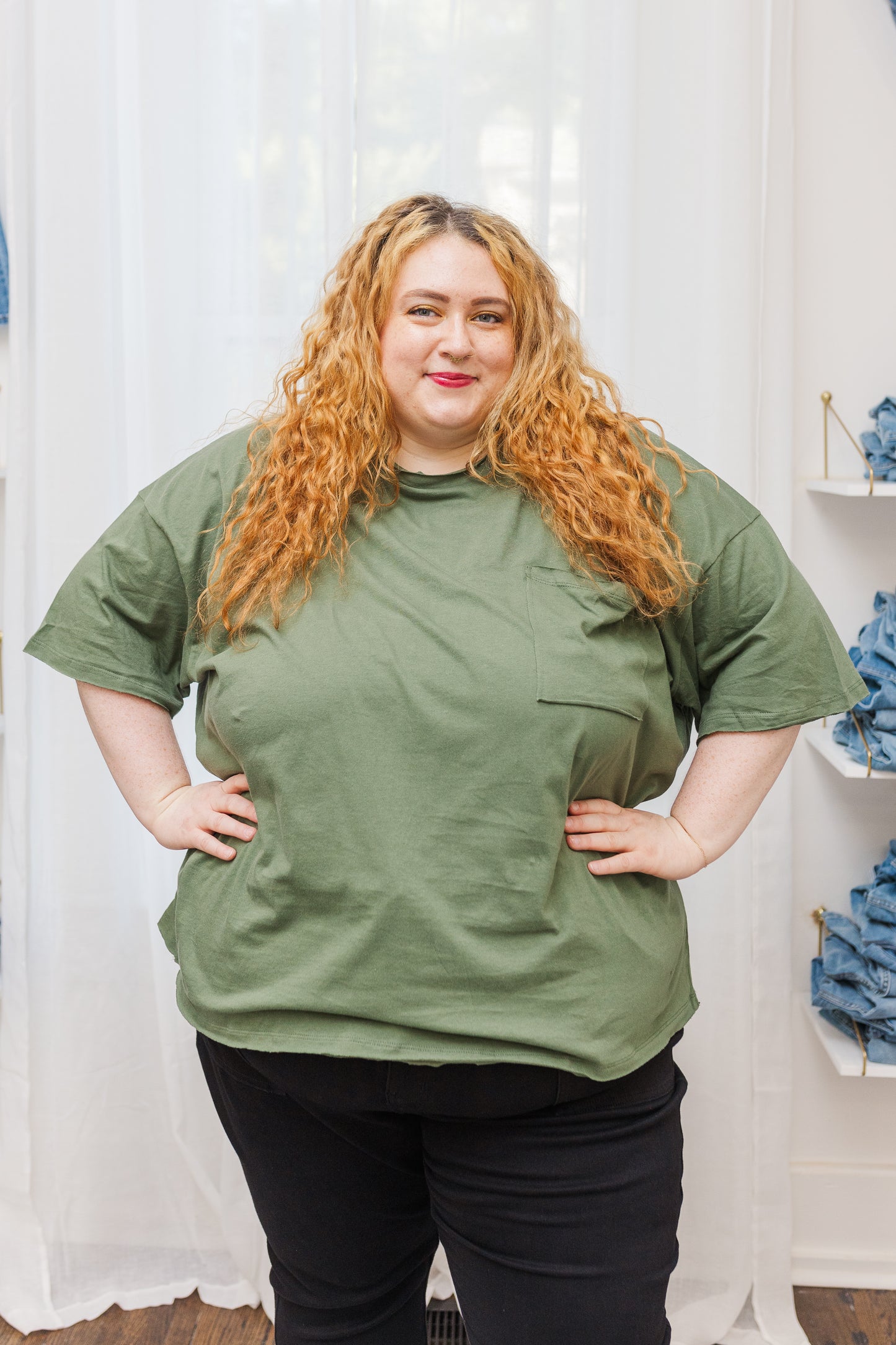 Lila Cotton Oversized Raw Edge Boyfriend Tee in Ash Olive