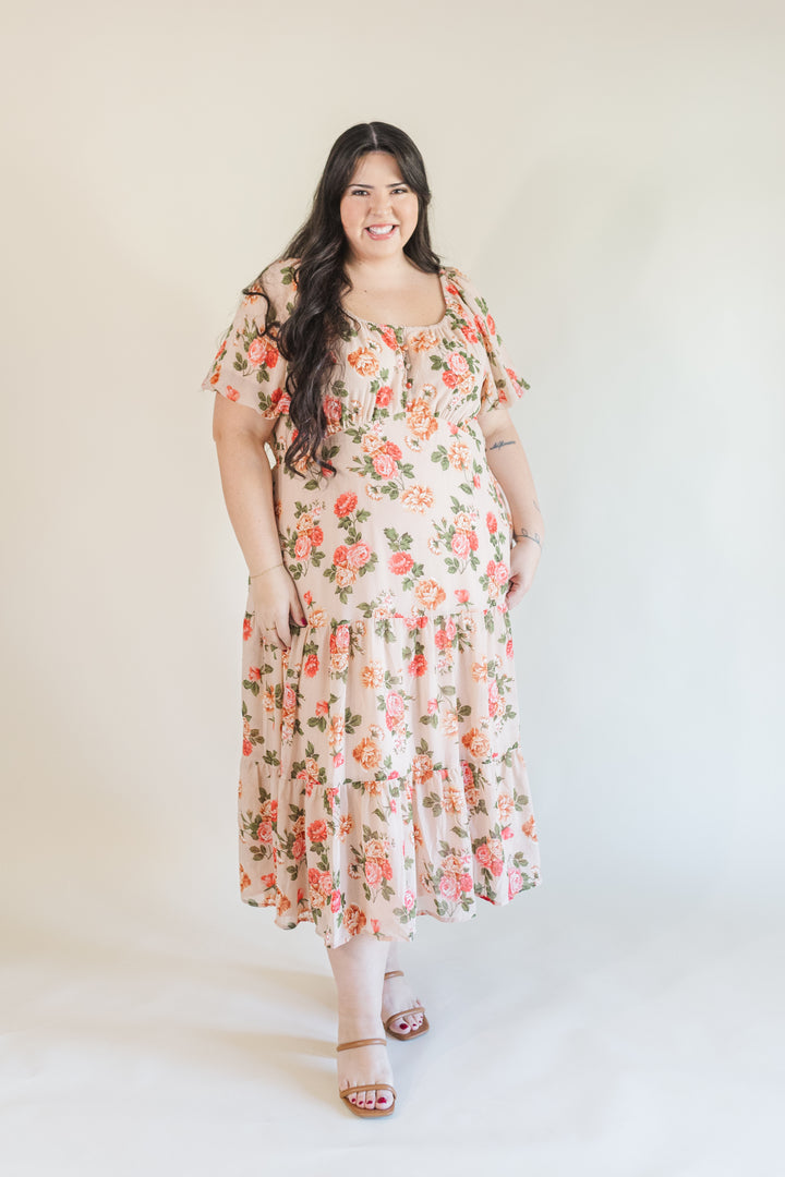 Macy Puff Sleeve Floral Midi Dress in Blush