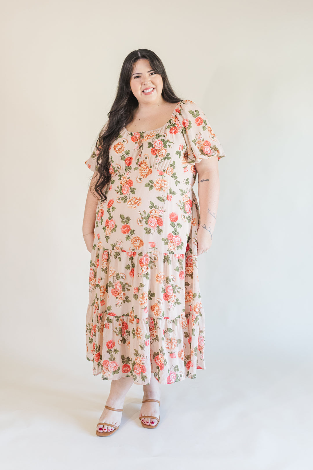 Macy Puff Sleeve Floral Midi Dress in Blush