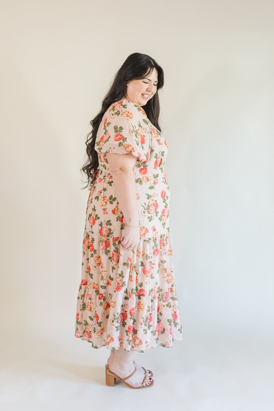 Macy Puff Sleeve Floral Midi Dress in Blush