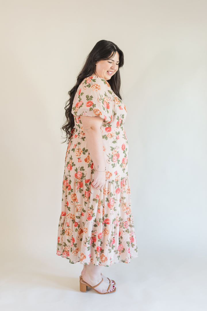 Macy Puff Sleeve Floral Midi Dress in Blush