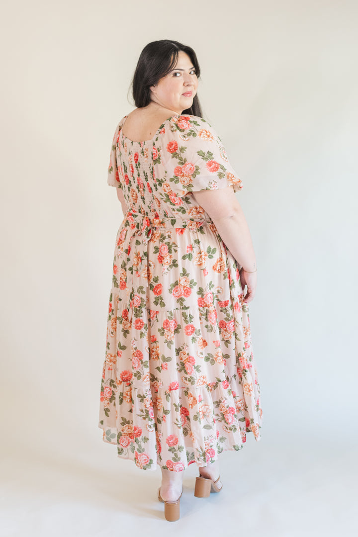 Macy Puff Sleeve Floral Midi Dress in Blush