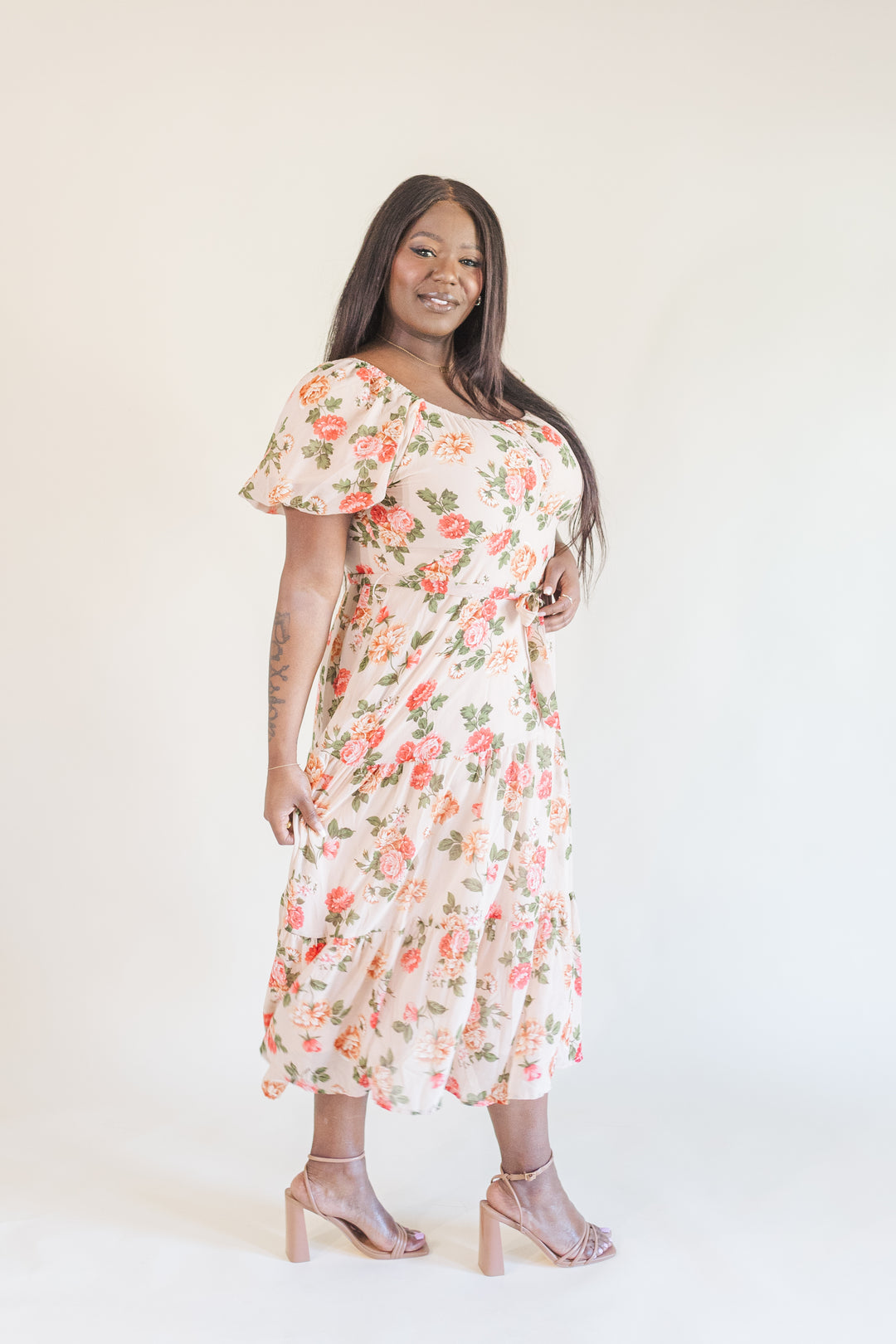 Macy Puff Sleeve Floral Midi Dress in Blush