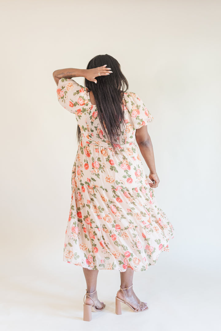 Macy Puff Sleeve Floral Midi Dress in Blush