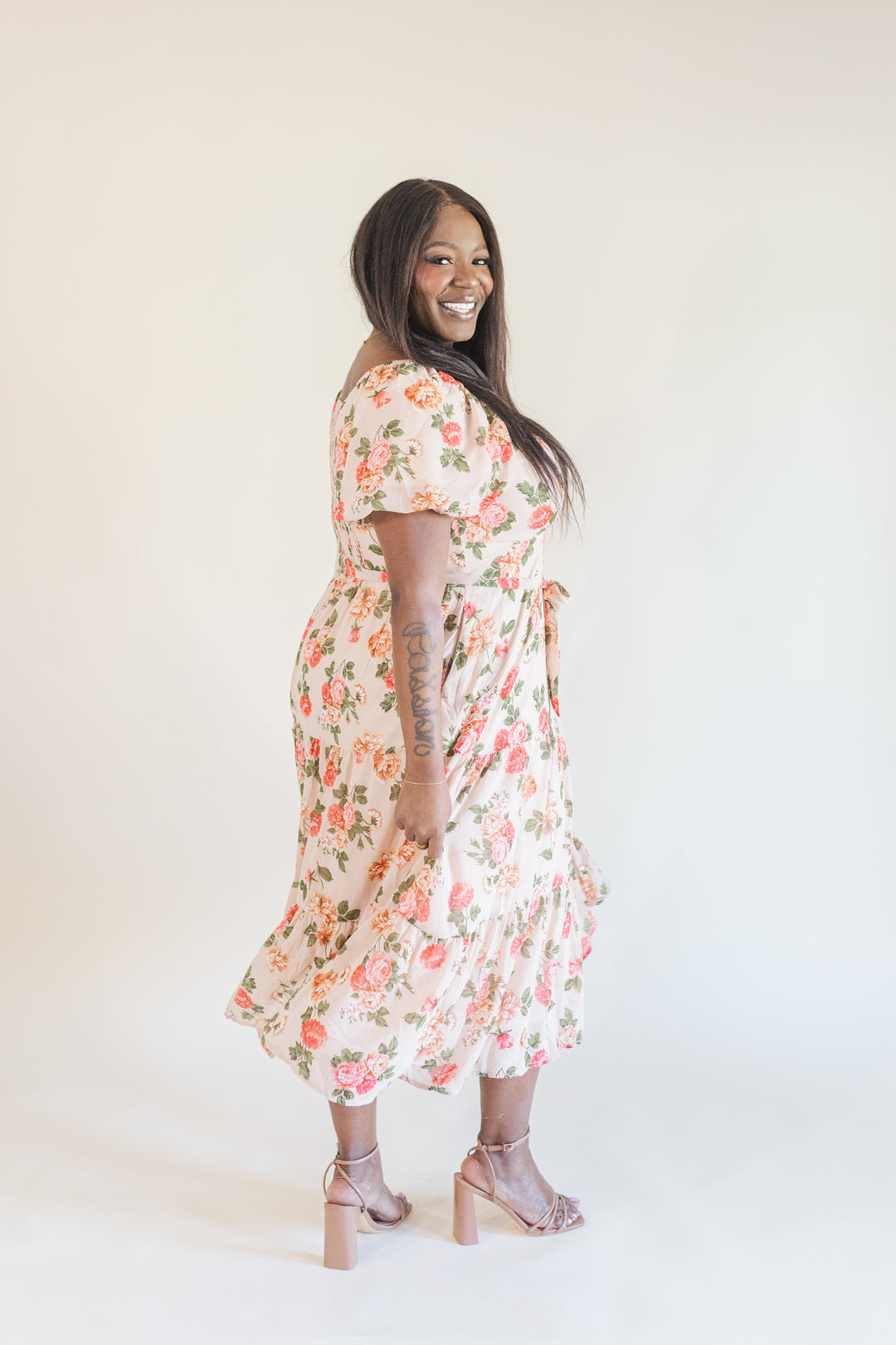 Macy Puff Sleeve Floral Midi Dress in Blush