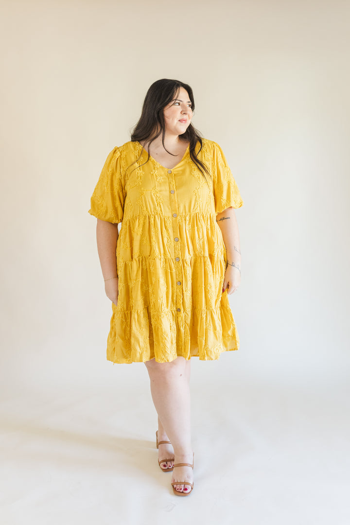 Raine Short Sleeve Embroidered Tiered Dress in Mustard