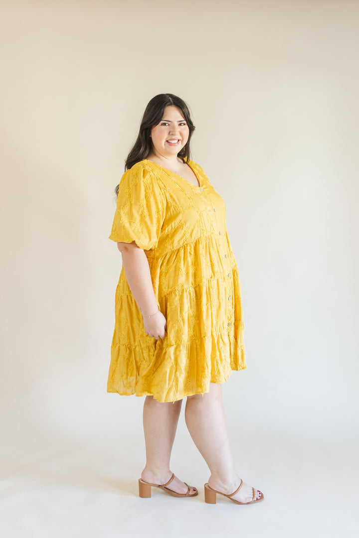 Raine Short Sleeve Embroidered Tiered Dress in Mustard