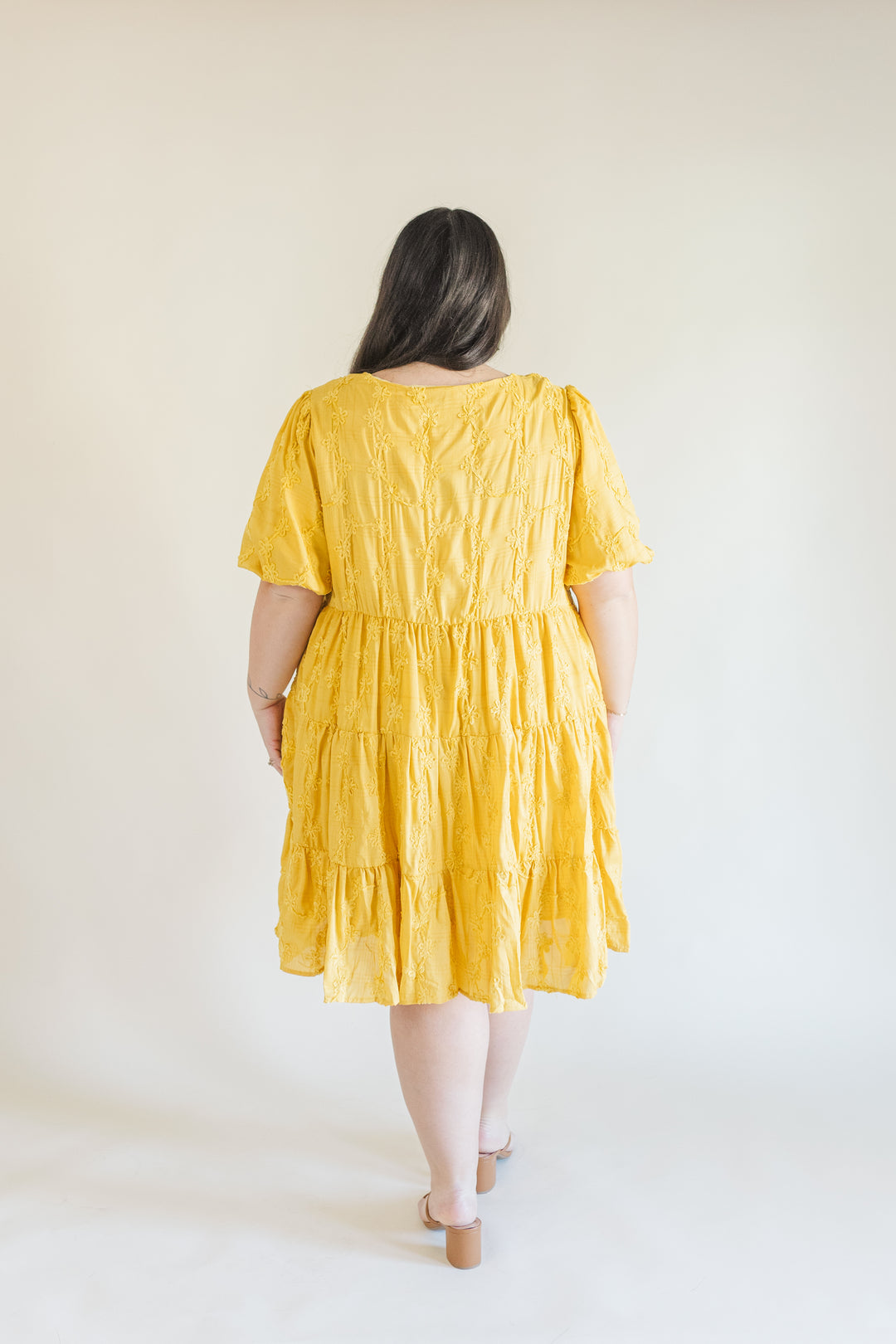 Raine Short Sleeve Embroidered Tiered Dress in Mustard