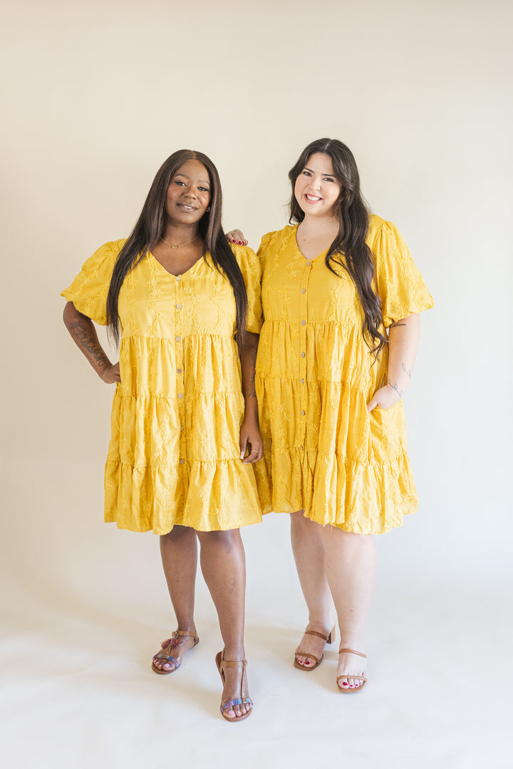 Raine Short Sleeve Embroidered Tiered Dress in Mustard