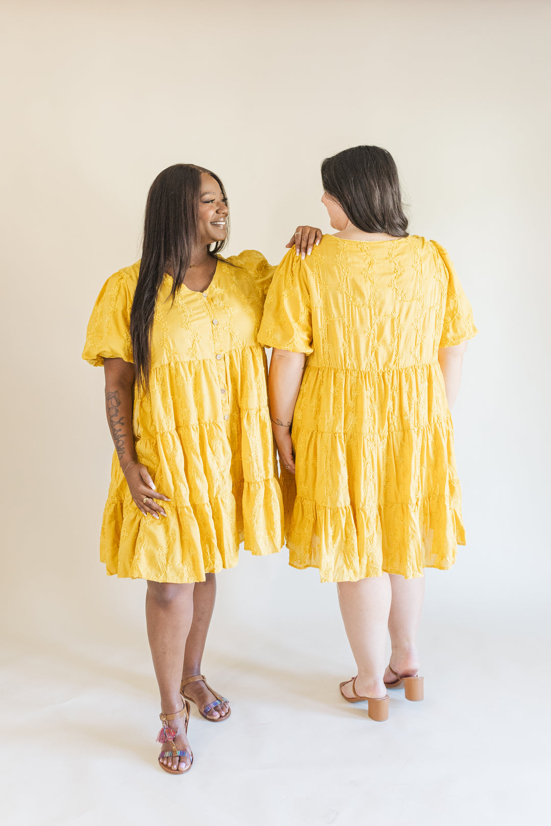 Raine Short Sleeve Embroidered Tiered Dress in Mustard