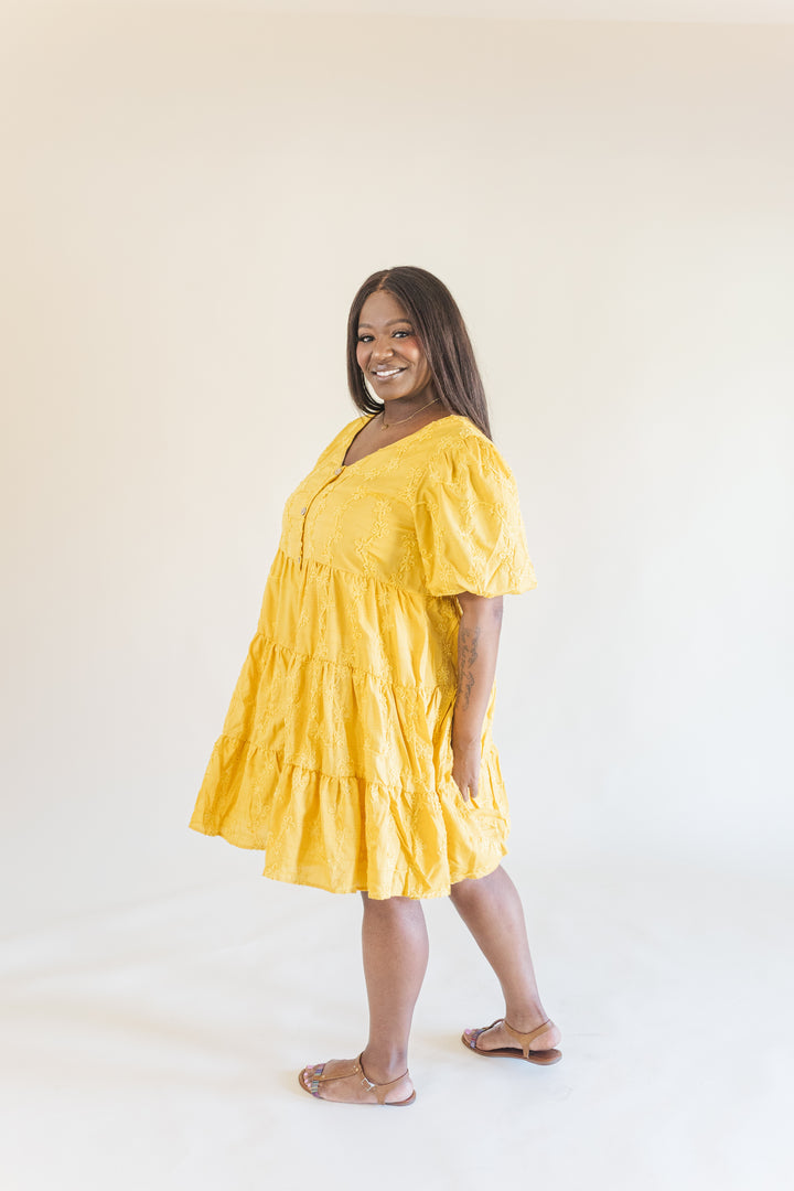 Raine Short Sleeve Embroidered Tiered Dress in Mustard