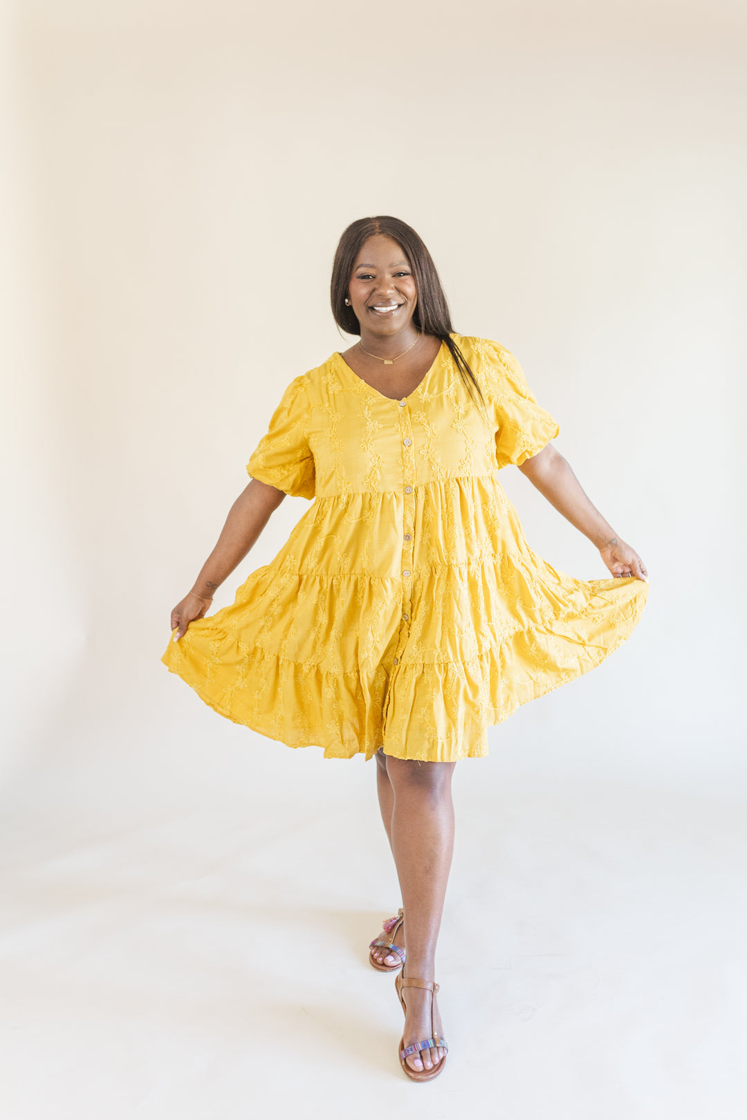 Raine Short Sleeve Embroidered Tiered Dress in Mustard