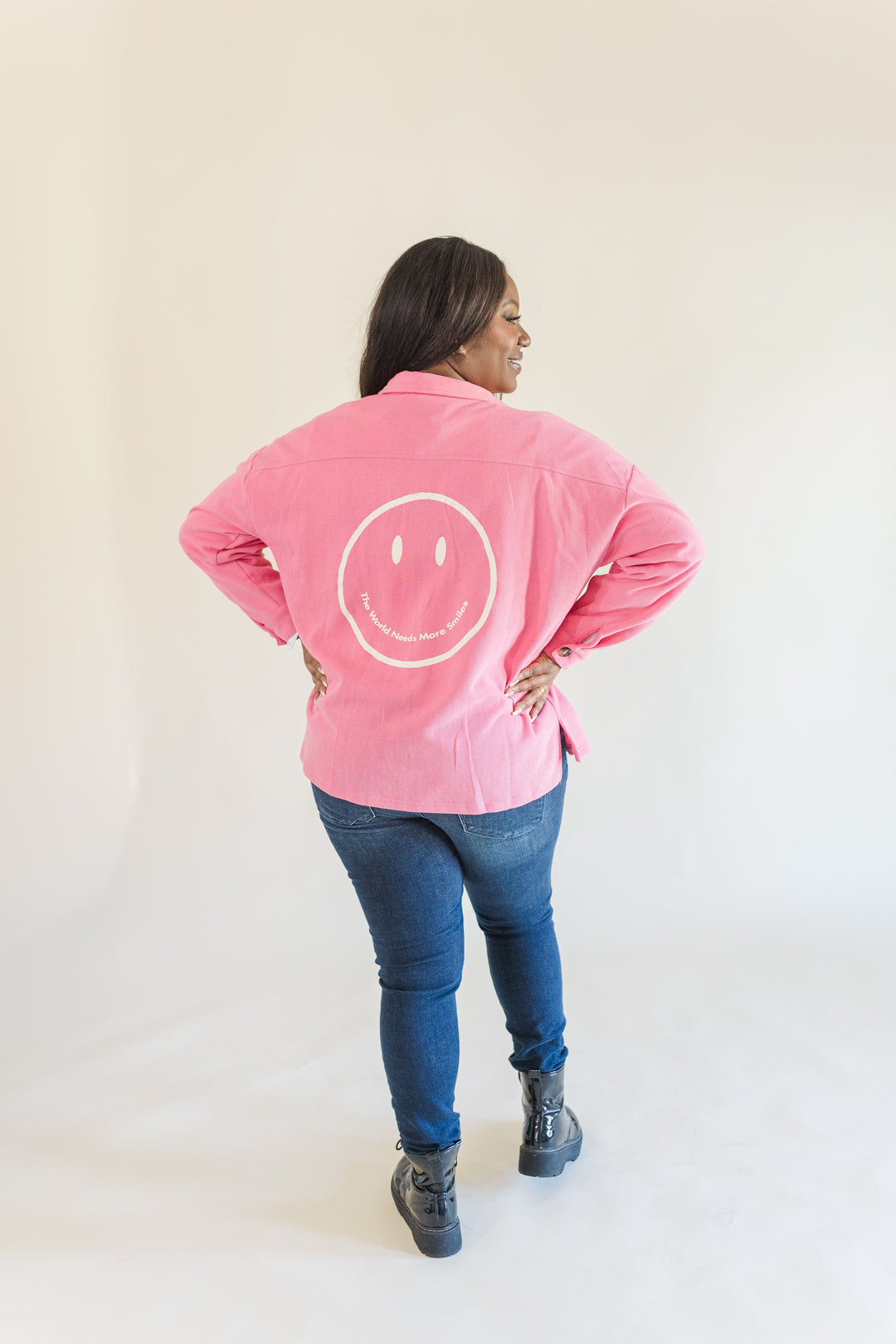 Jordan Smiley Face Knit Shacket in Pink