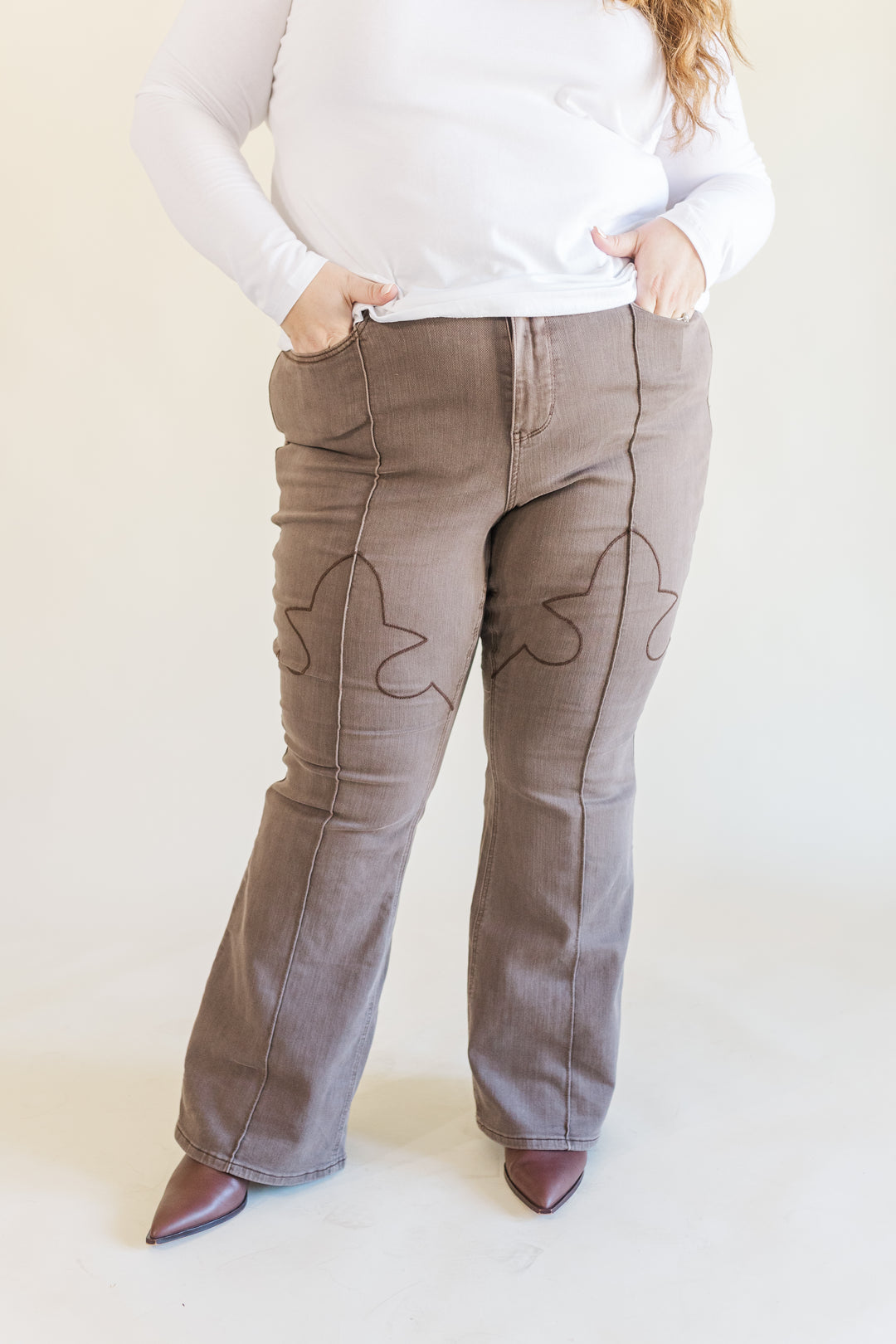 Hazel High Waisted Judy Blue Flare Jeans with Knee Seam Detail in Brown