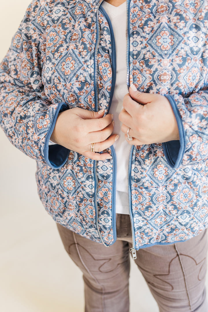 Gemma Quilted Medallion Puff Jacket in Blue