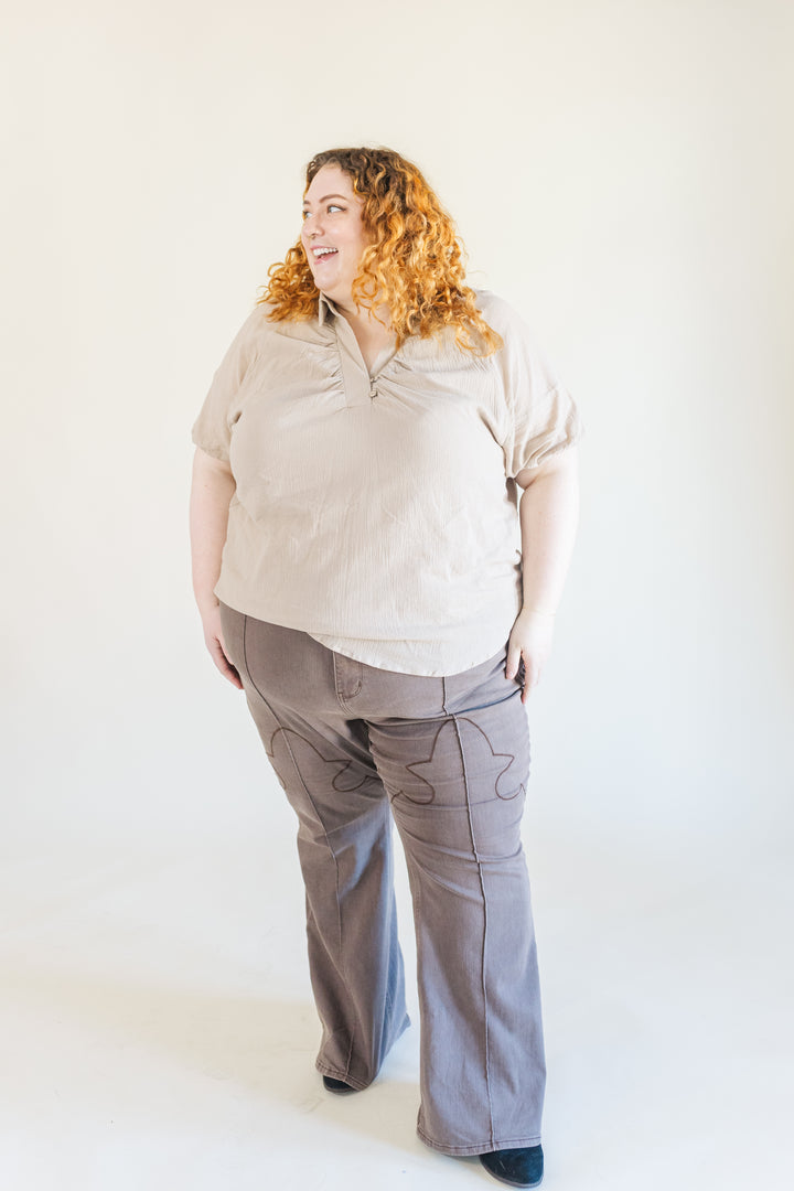 Greta Collared Short Sleeve Blouse in Tan