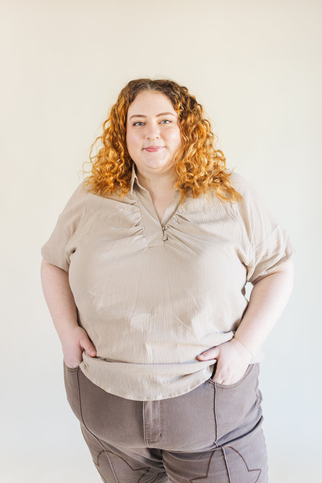 Greta Collared Short Sleeve Blouse in Tan