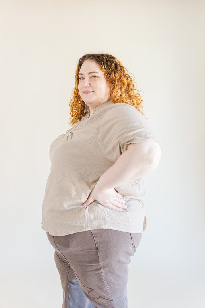 Greta Collared Short Sleeve Blouse in Tan