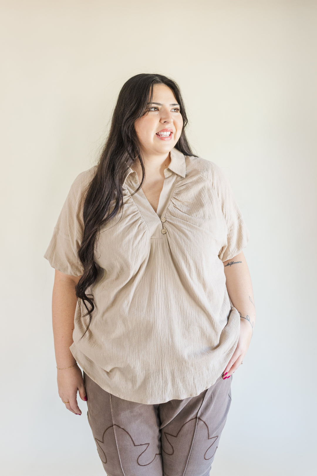 Greta Collared Short Sleeve Blouse in Tan