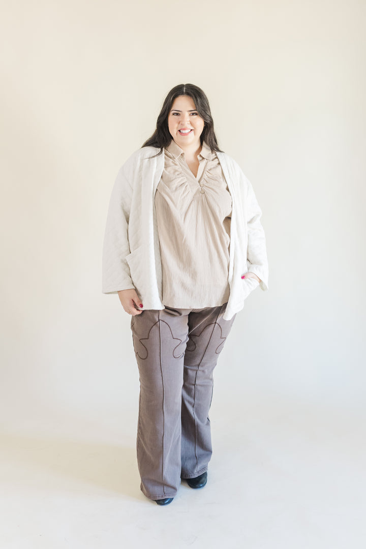 Greta Collared Short Sleeve Blouse in Tan