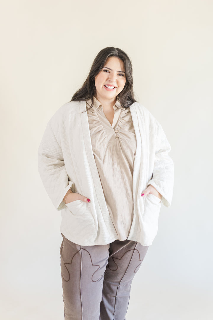 Greta Collared Short Sleeve Blouse in Tan