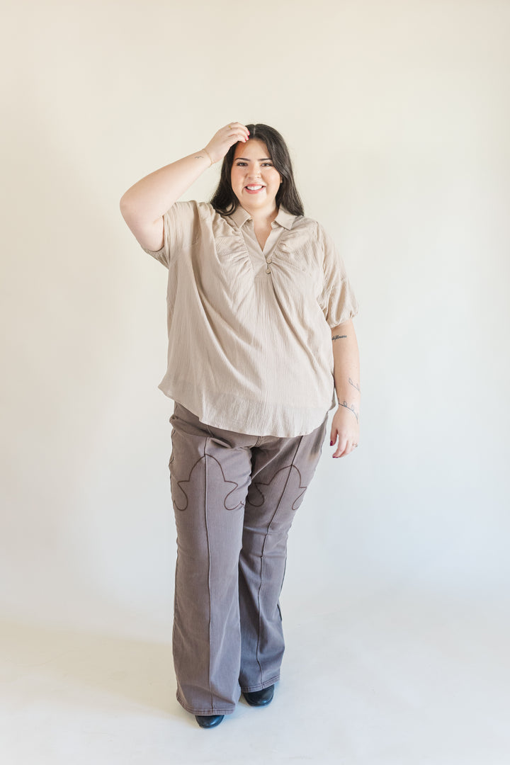 Greta Collared Short Sleeve Blouse in Tan