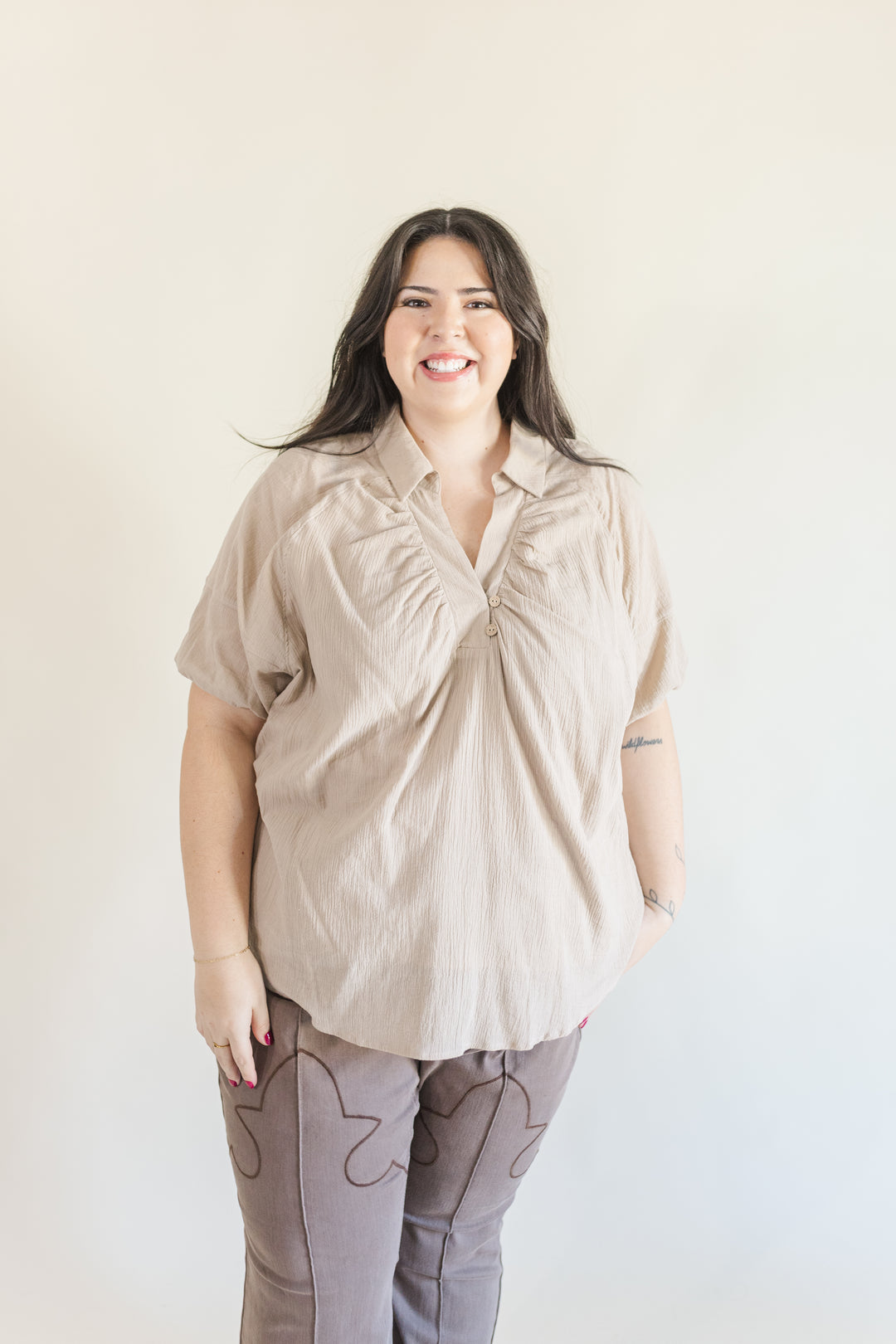 Greta Collared Short Sleeve Blouse in Tan