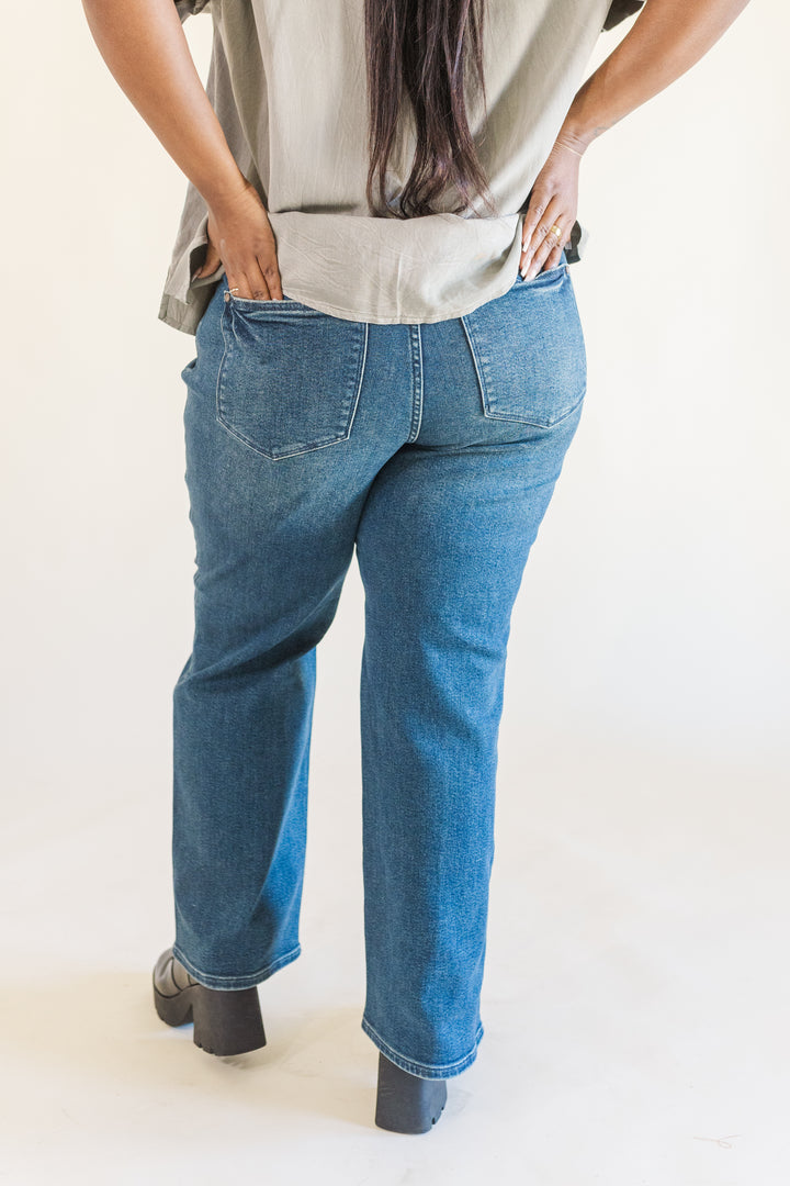 Faith High Waisted Judy Blue Straight Jeans with Western Seam Detail in Dark Wash