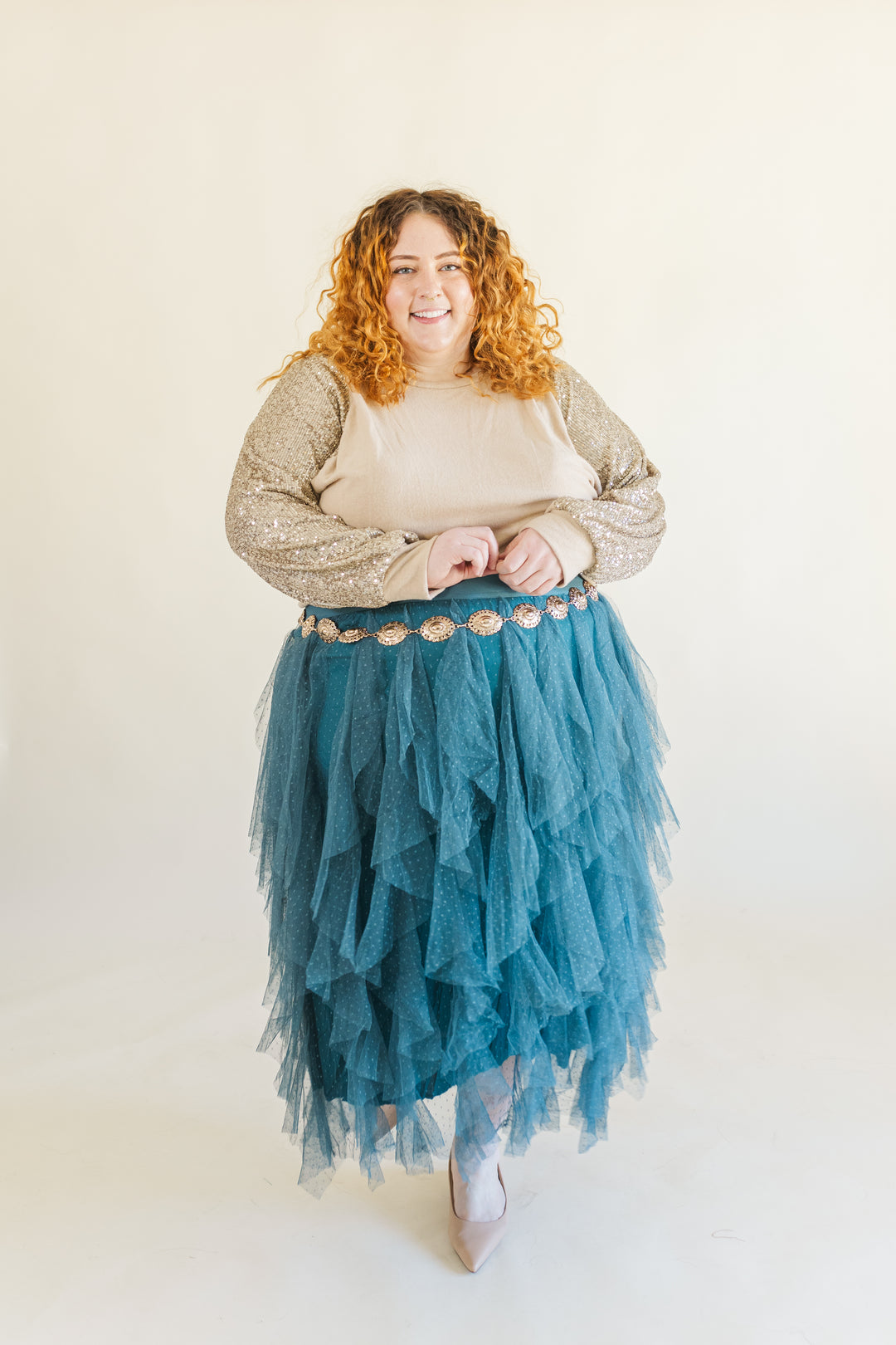 Sabrina Ruffle Trim Mesh Skirt in Teal