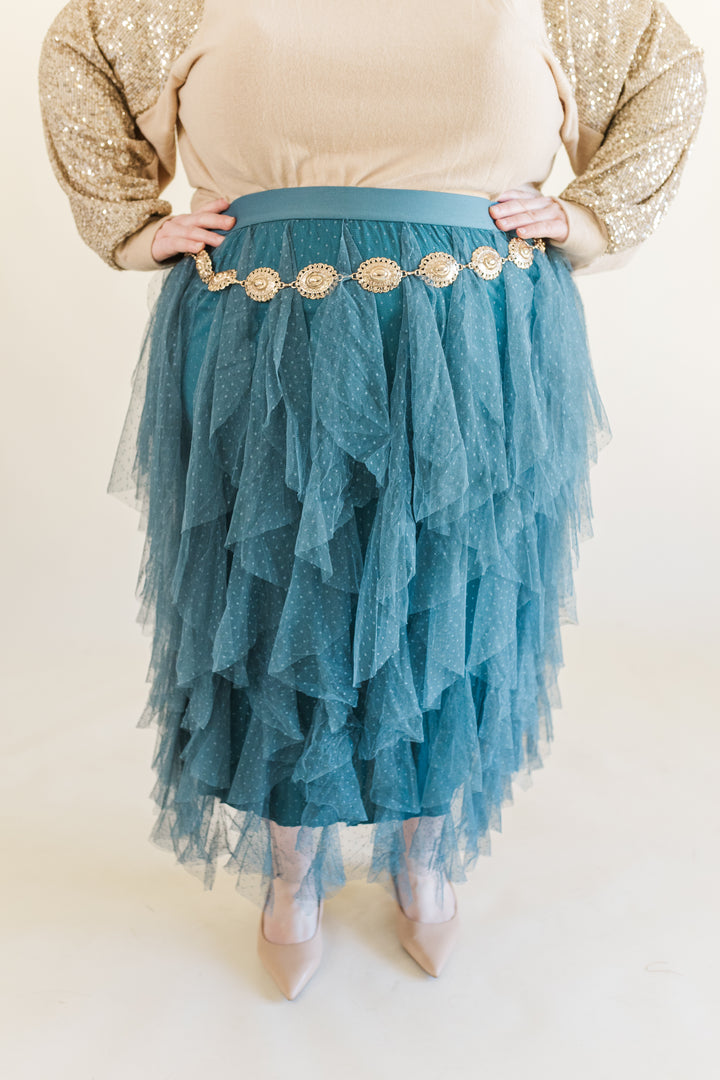 Sabrina Ruffle Trim Mesh Skirt in Teal