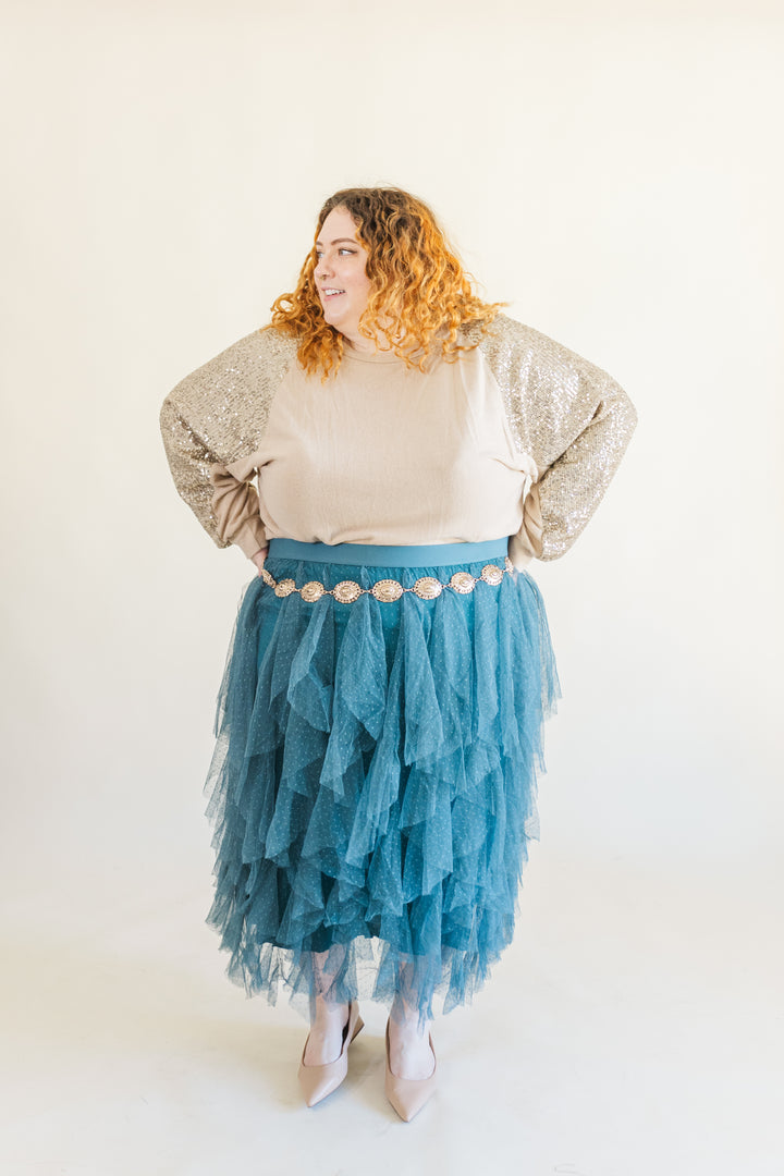 Sabrina Ruffle Trim Mesh Skirt in Teal