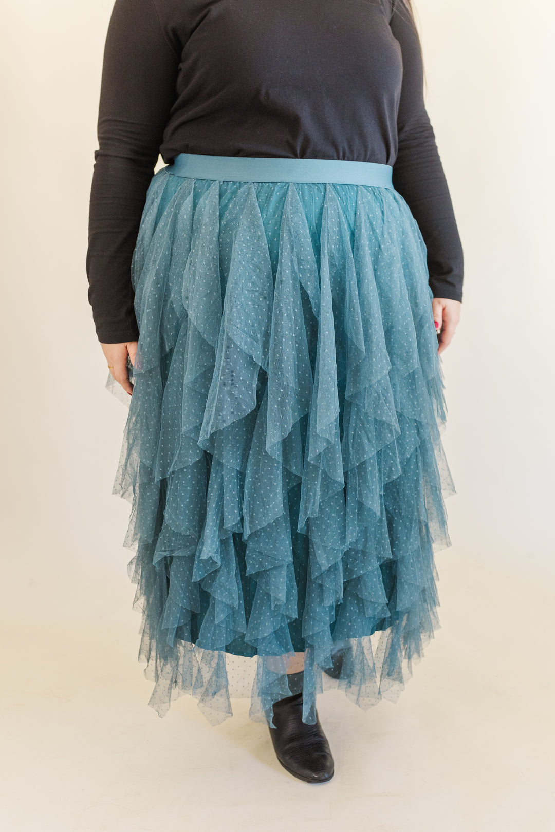 Sabrina Ruffle Trim Mesh Skirt in Teal