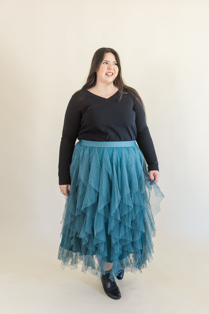 Sabrina Ruffle Trim Mesh Skirt in Teal