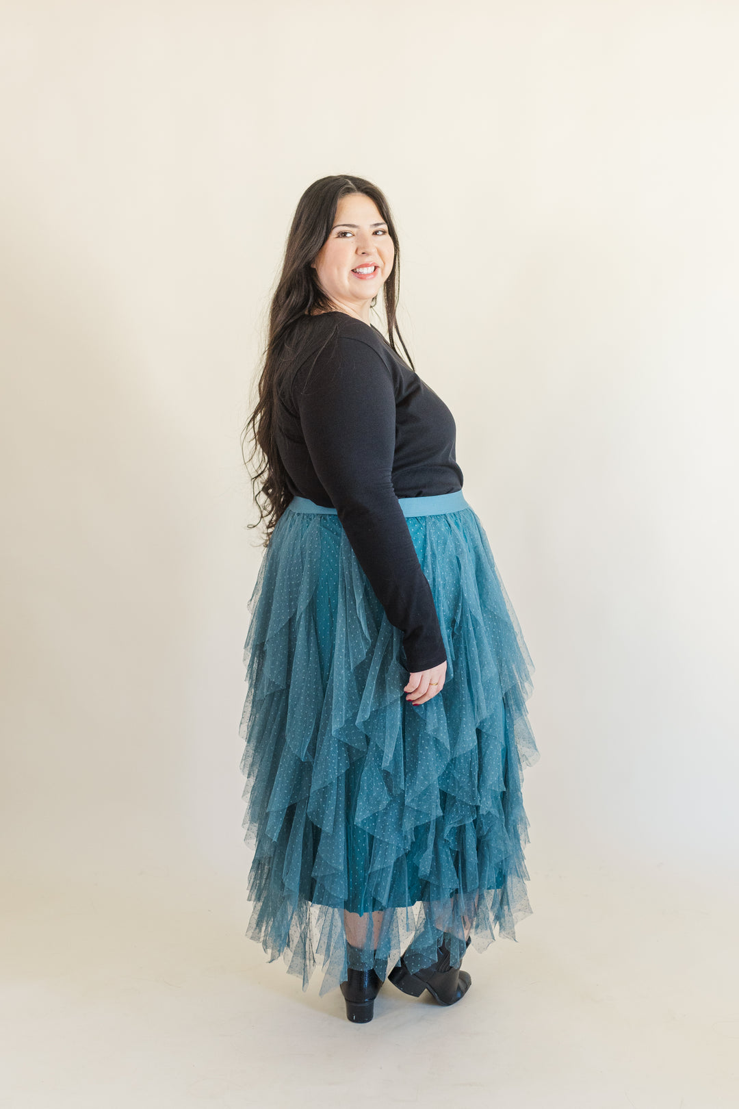 Sabrina Ruffle Trim Mesh Skirt in Teal