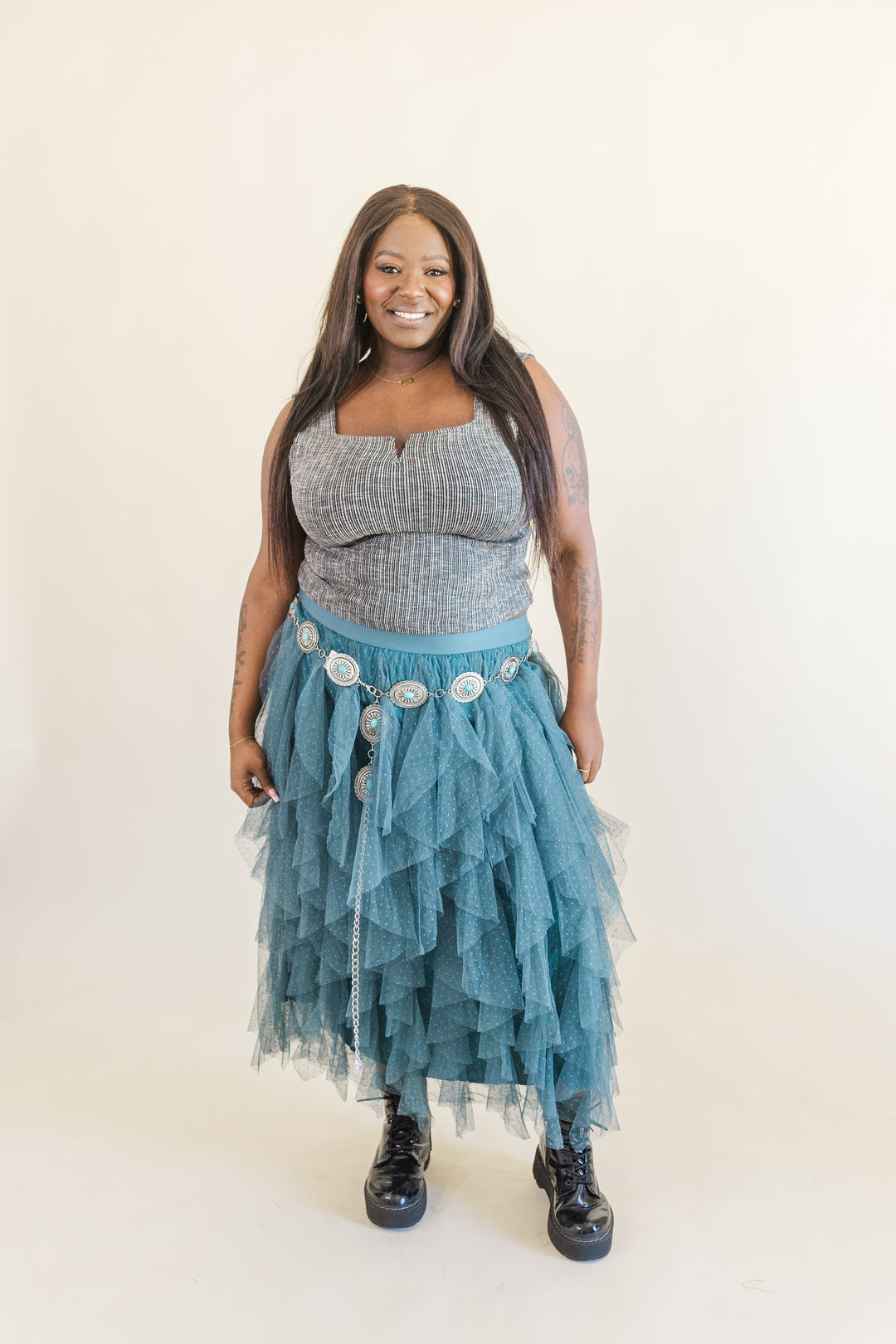 Sabrina Ruffle Trim Mesh Skirt in Teal