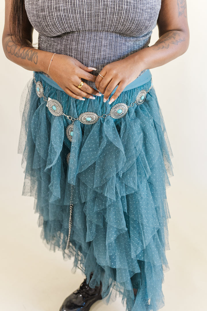 Sabrina Ruffle Trim Mesh Skirt in Teal