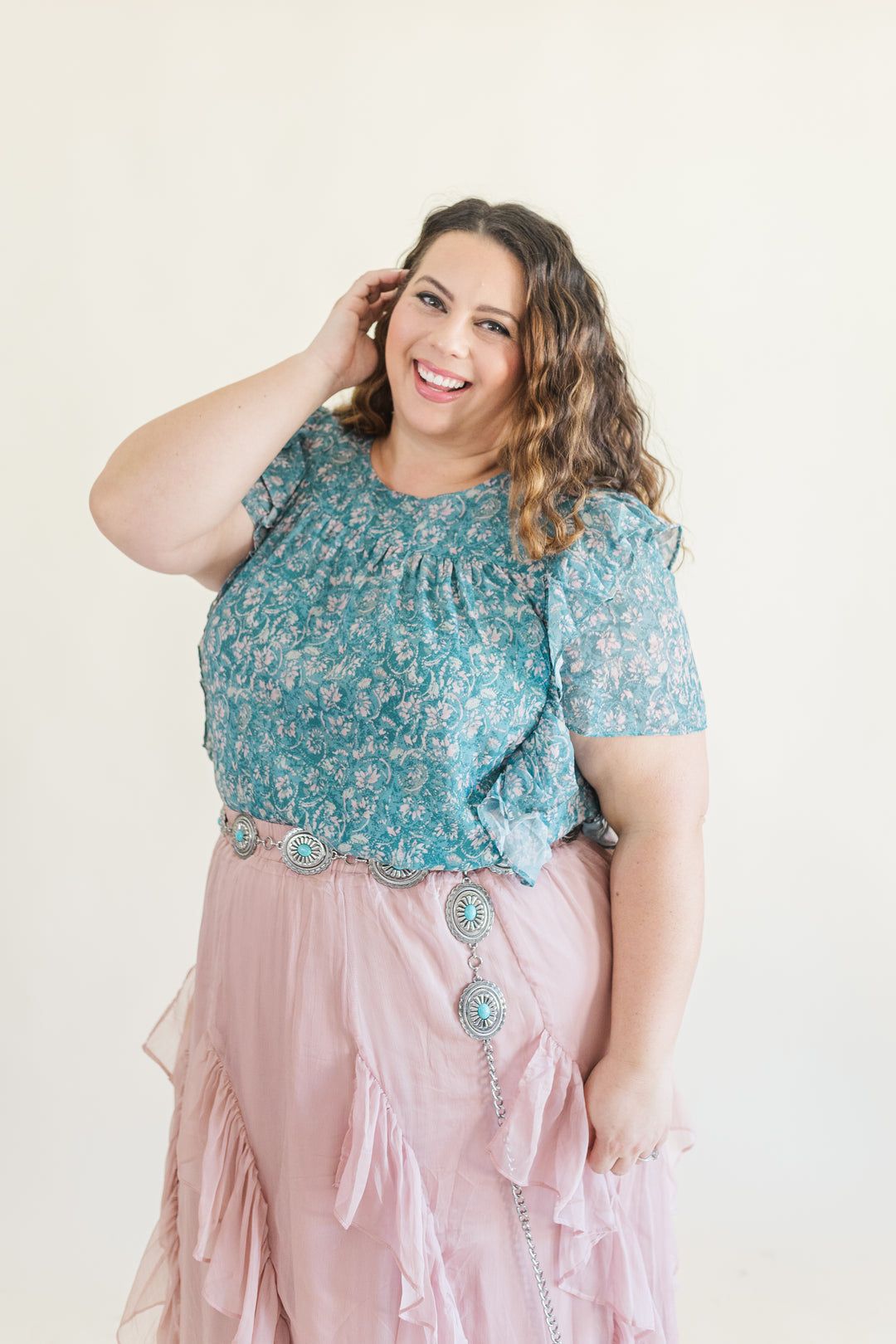 Presley Ruffle Detail Floral Blouse in Teal