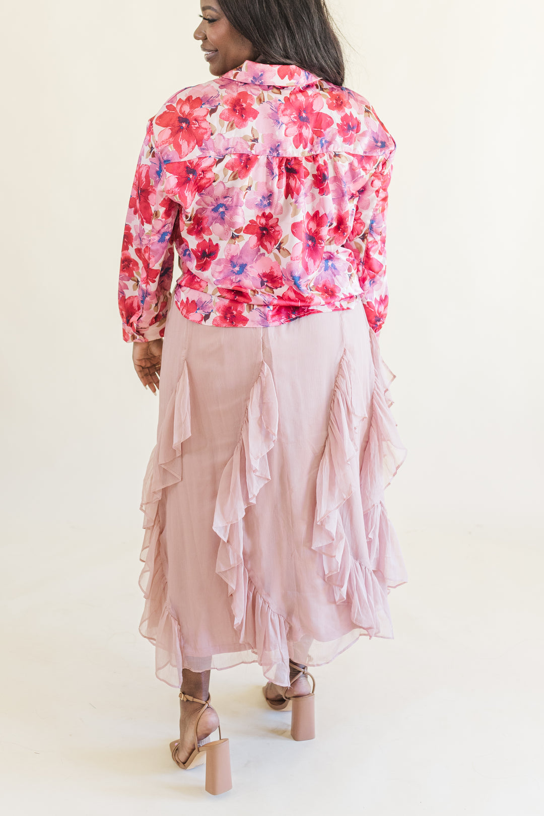 Sylvie Floral Print Button Up Long Sleeve Shirt in Pink