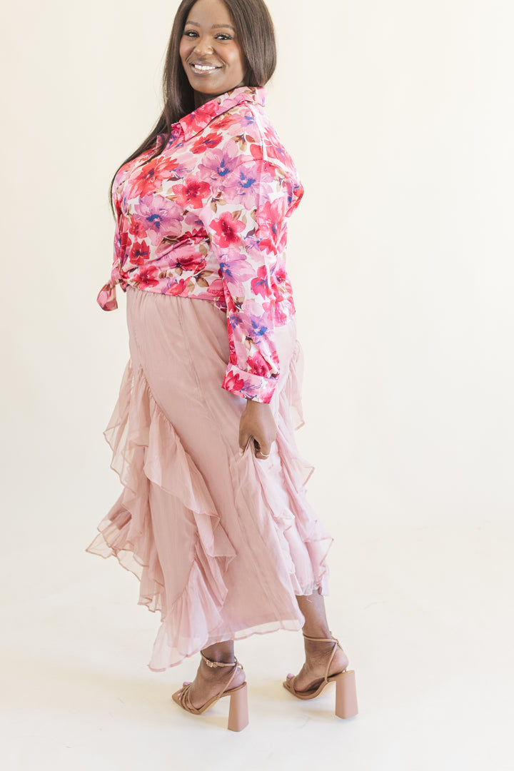 Sylvie Floral Print Button Up Long Sleeve Shirt in Pink