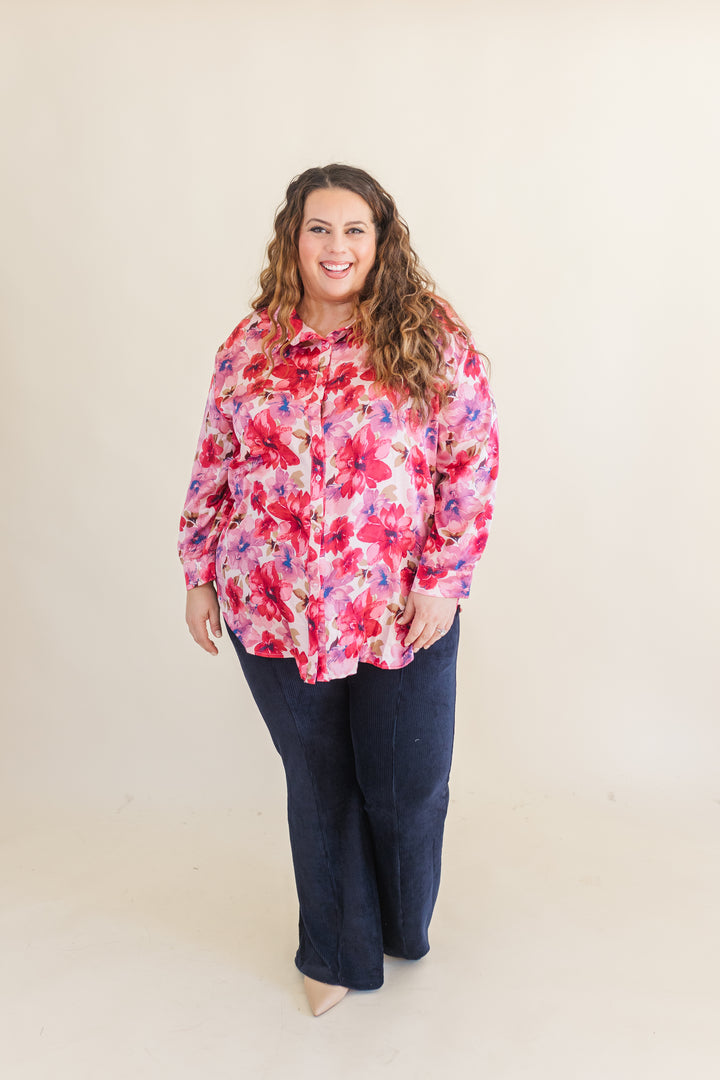 Sylvie Floral Print Button Up Long Sleeve Shirt in Pink