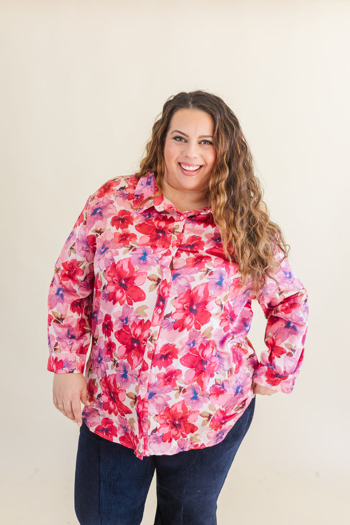 Sylvie Floral Print Button Up Long Sleeve Shirt in Pink