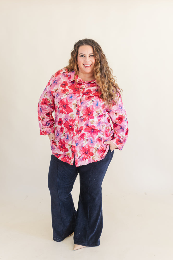 Sylvie Floral Print Button Up Long Sleeve Shirt in Pink